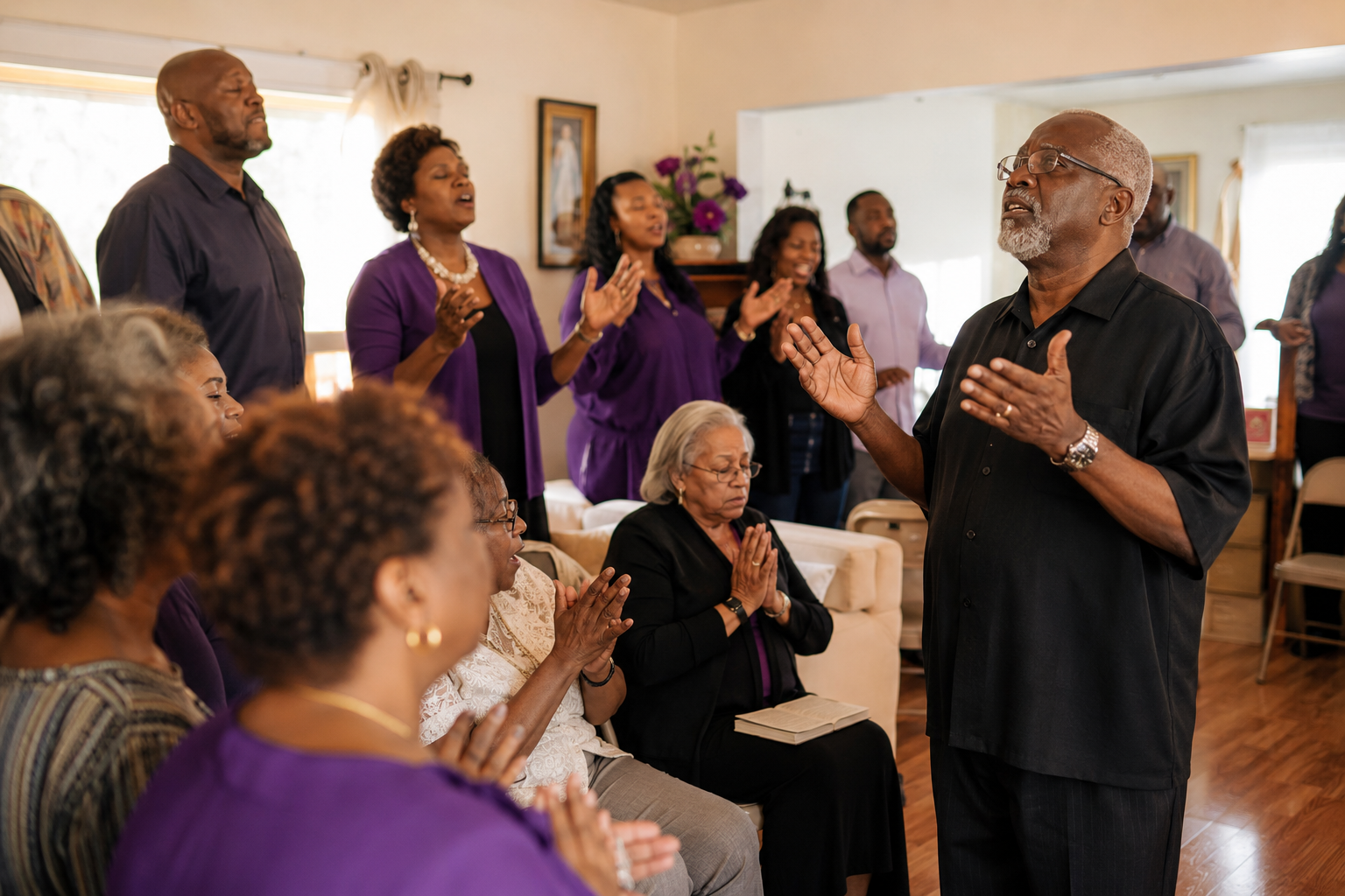 A small Black congregation worshiping together in a warm house-church setting