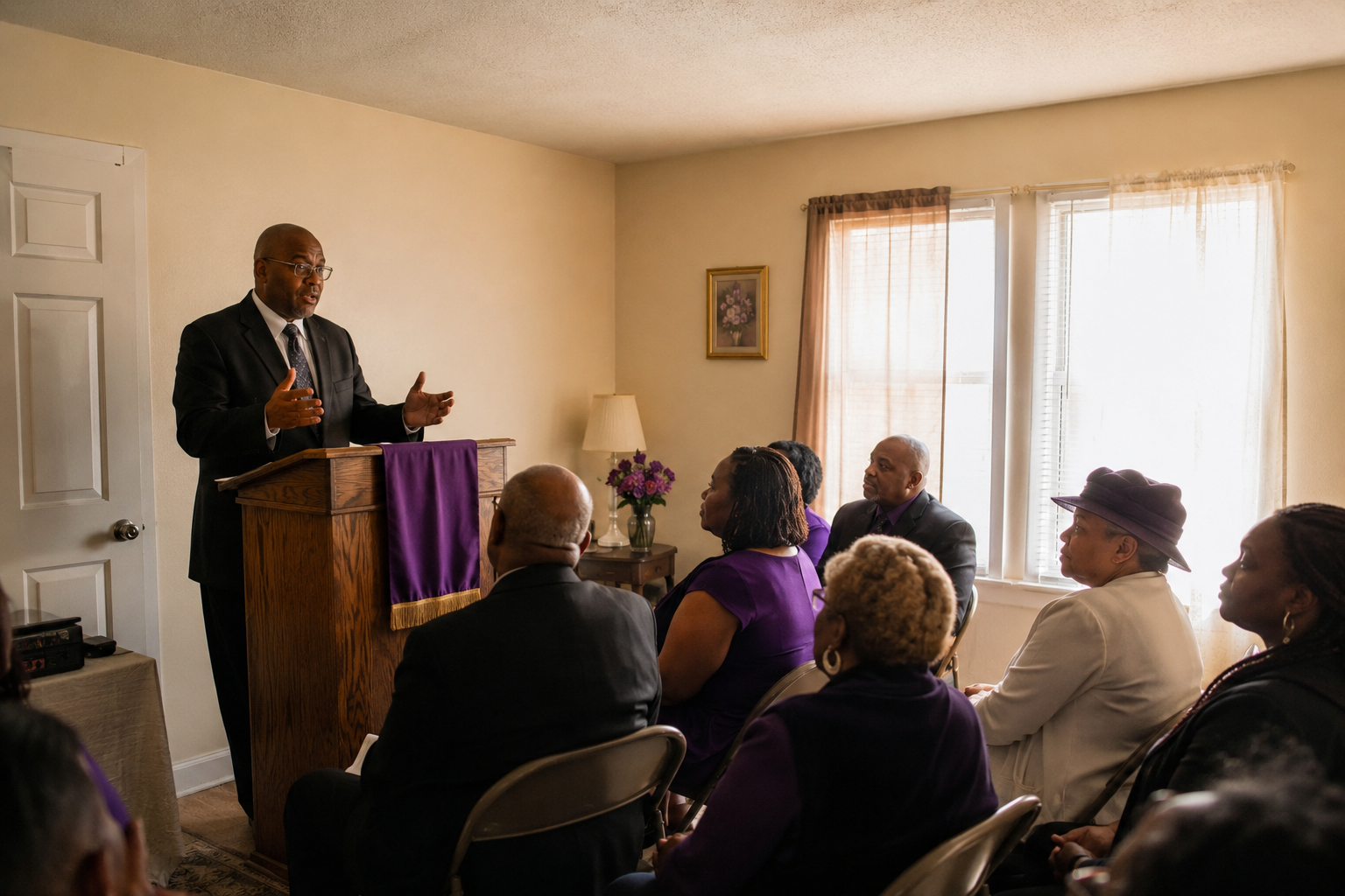 An older Black pastor sharing a message with a small congregation in an intimate house-church setting